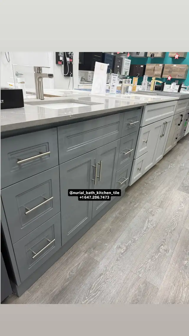 Grey Vanity, Kitchen Cabinet, Countertop, Faucet, Mirror