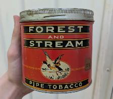 VINTAGE 1940's FOREST AND STREAM PIPE TOBACCO TIN (HALF LB.)