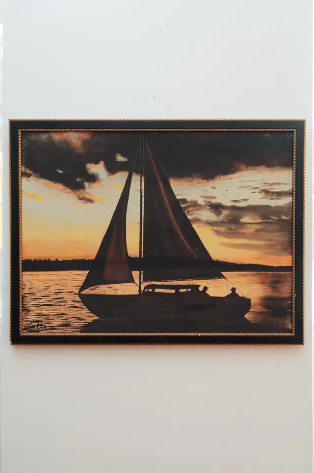 Framed Sailboat Sunset Oil Painting with Studded Border