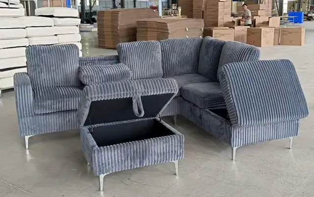 stylish corduroy couch with double storage and cup holder