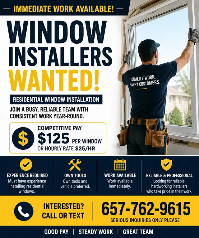Window Installers Wanted – Immediate Work