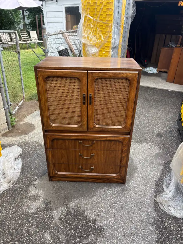Free delivery used Vintage Wood and Cane Cabinet with Drawers