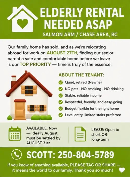 URGENT: Elderly Rental Needed — Salmon Arm / Chase Area, BC