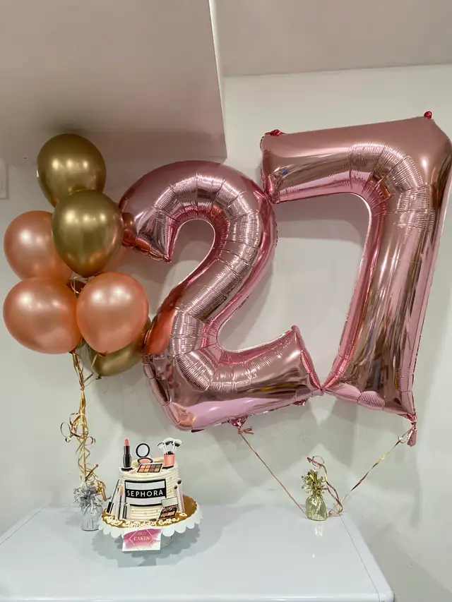 Balloons set bouquets and cakes for birthday