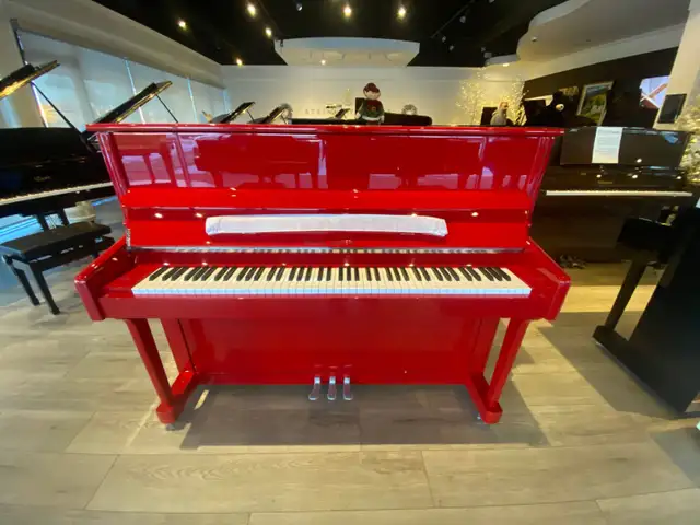 Polished 'Ferrari' red upright piano MSRP $12,995 on sale!