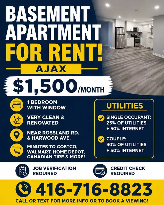 Basement Apartment for Rent – Ajax$1,500/month