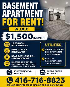 Basement Apartment for Rent – Ajax$1,500/month