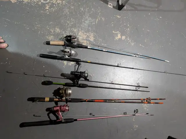fishing-rods, tackle boxes, waders, trolling motor, fillet knife