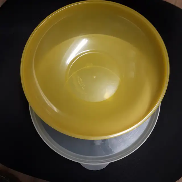 BEAU GRAND PLAT NEUF PAKERWARE JAUNE BLANC DE 11'DIAMÈTRE: $5.00