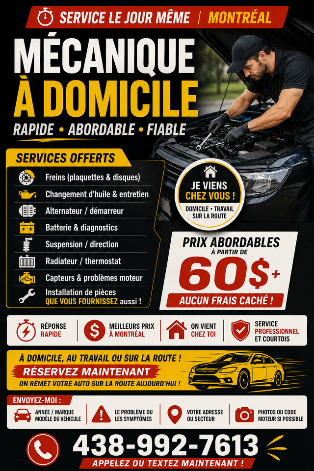 PROBLÈME AVEC TON AUTO? PAS BESOIN DE GARAGE — JE ME DÉPLACE CHE