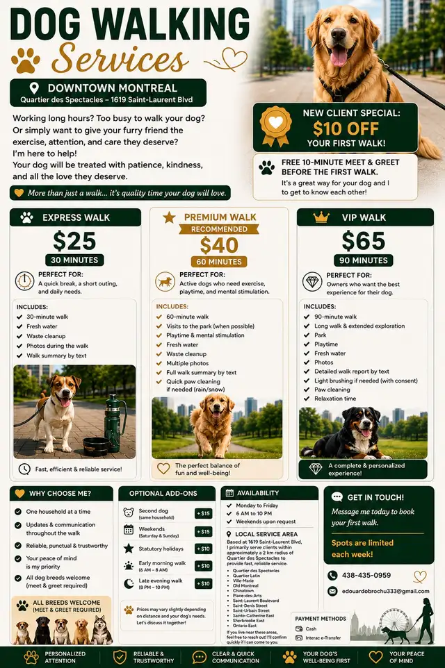 DOG WALKING SERVICES – DOWNTOWN MONTREAL