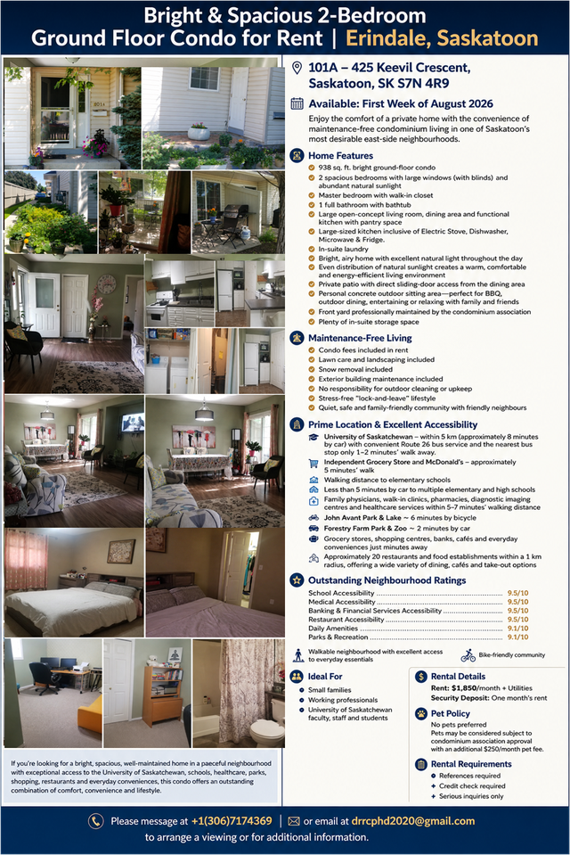 Beautiful 2-Bedroom Condo for Rent – Erindale, Sasktoon