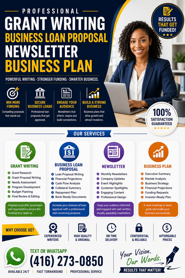 GRANT WRITING, BUSINESS LOAN PROPOSAL, NEWSLETTER, BUSINESS PLAN