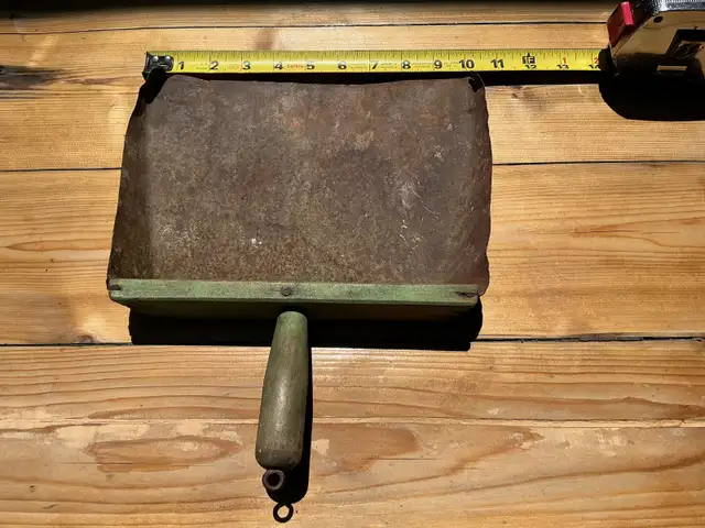 Antique Rustic Metal Dustpan with Green Wooden Handle !
