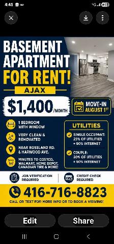 Basement Apartment for Rent – Ajax $1,400/month