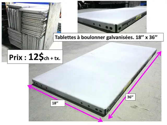 Tablettes à boulonner galvanisées. 18’’ x 36’’