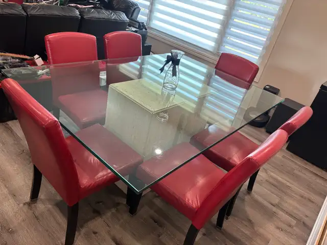 Modern Glass Dining Table Set with Marble Base & 6 Chairs