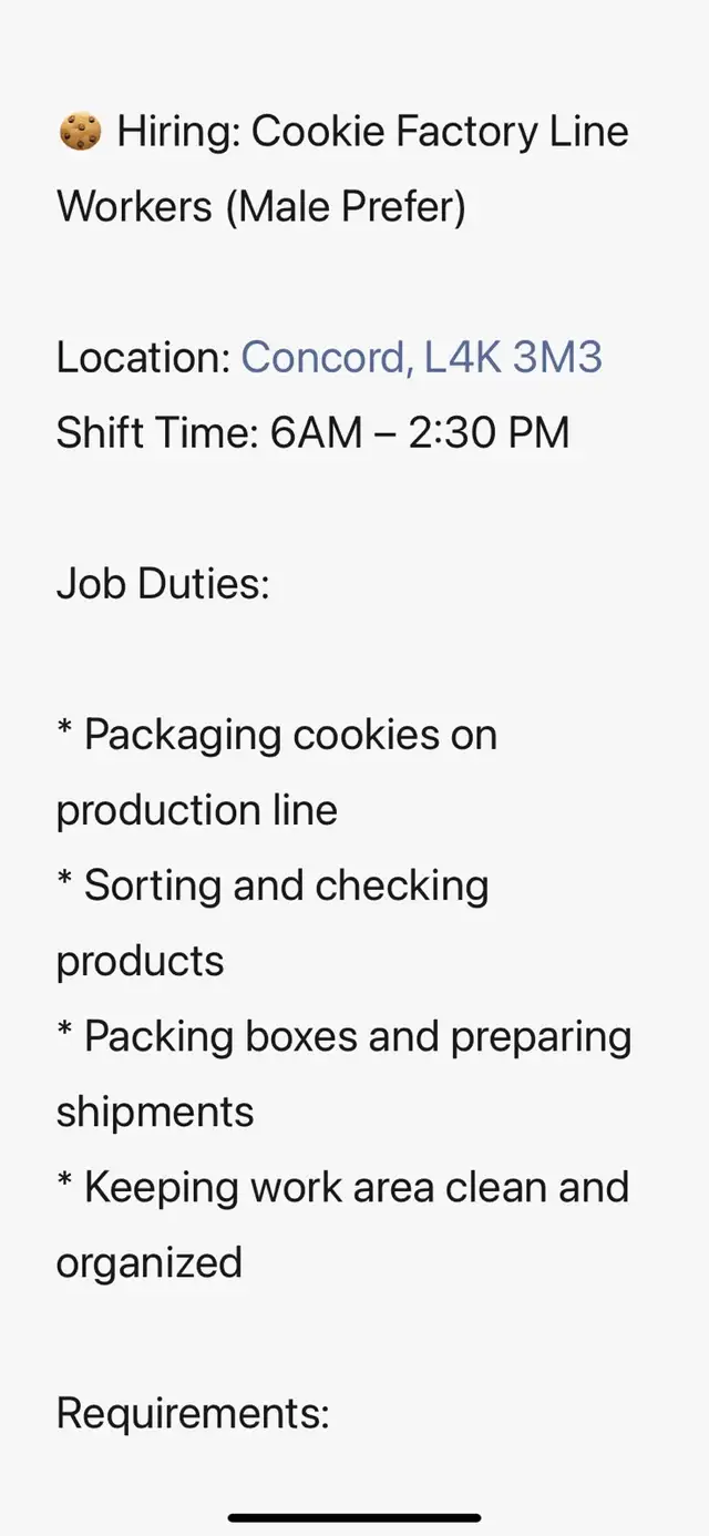 Hiring: Cookie Factory Line Workers (Male Prefer)