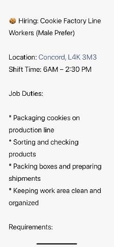 Hiring: Cookie Factory Line Workers (Male Prefer)