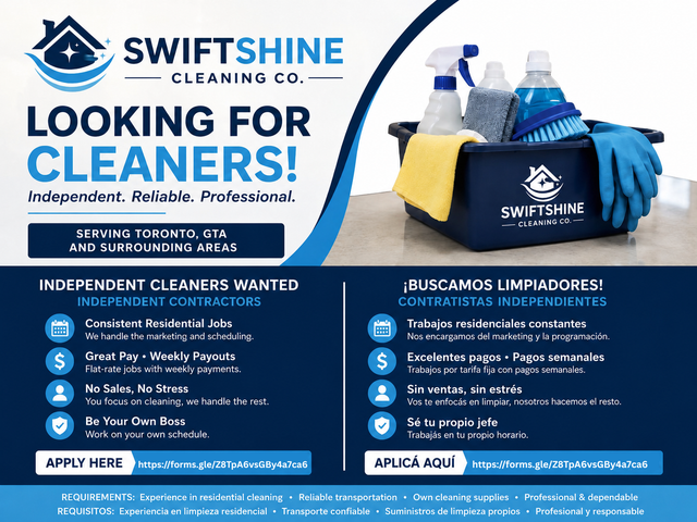House Cleaners Needed / Se Buscan Limpiadores (Toronto & GTA)