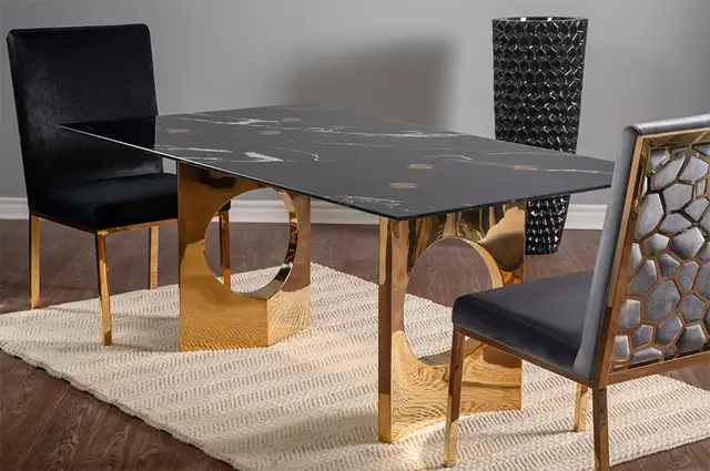 Modern Rectangular Marble-Top Dining Table with Gold Spindle Leg