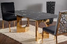 Modern Rectangular Marble-Top Dining Table with Gold Spindle Leg