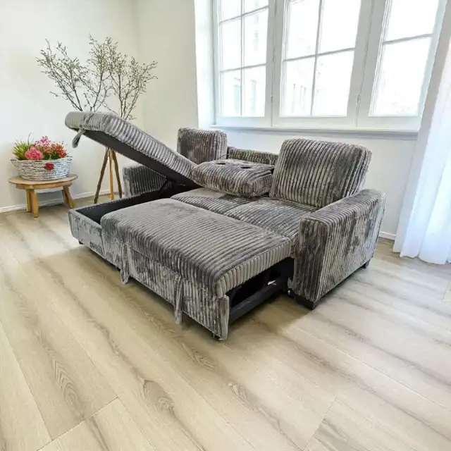 Brand new 3 seater corduroy pull out with storage and cup holder