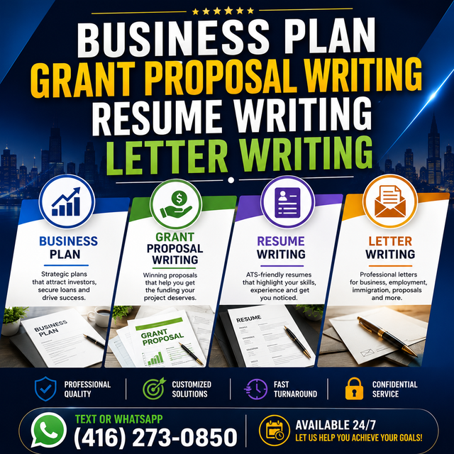 BUSINESS PLAN, GRANT PROPOSAL WRITING, RESUME WRITING, LETTER #1