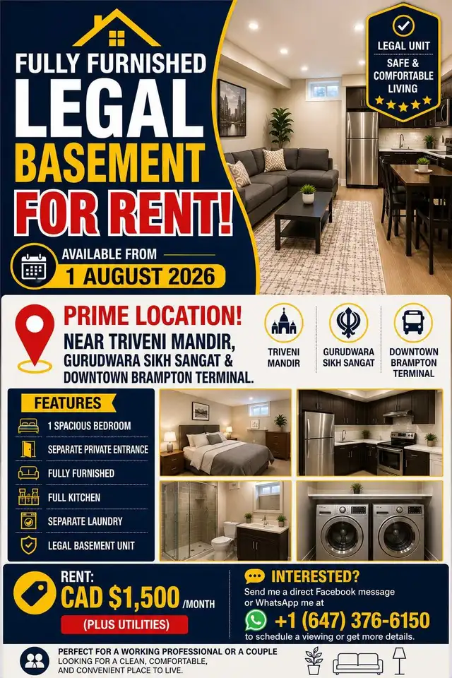 Fully Furnished Legal Basement for Rent