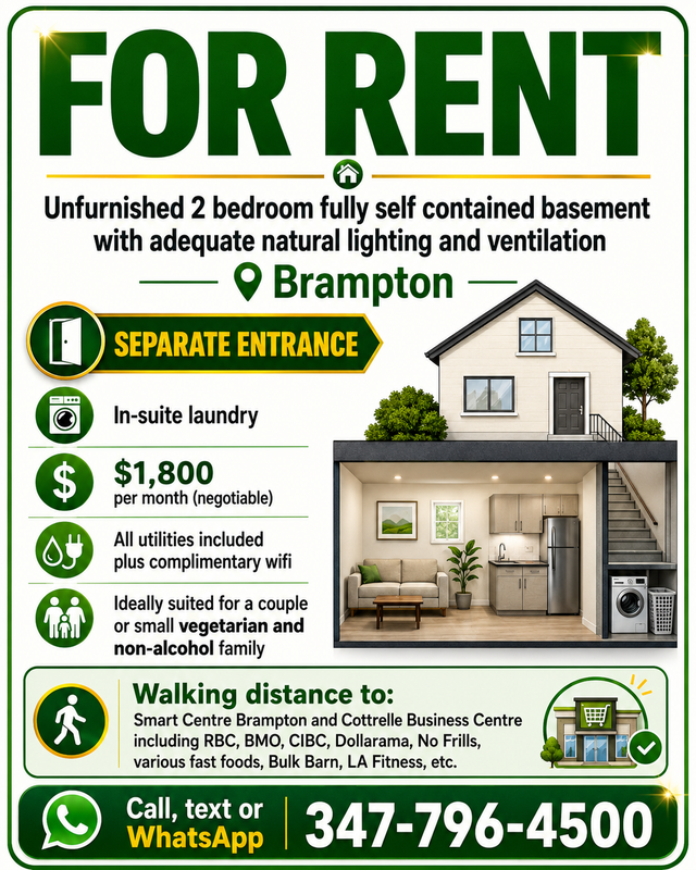 2 bedroom unfurnished basement for rent