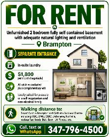 2 bedroom unfurnished basement for rent