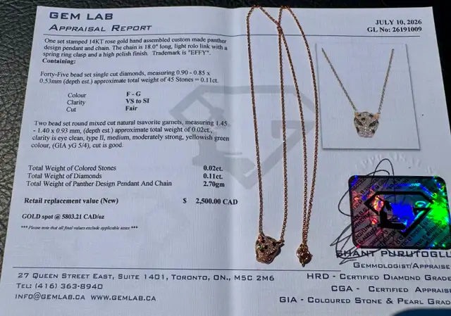 #851 - 14kt Rose Gold, EFFY Panther Diamond Pendant 16-18"