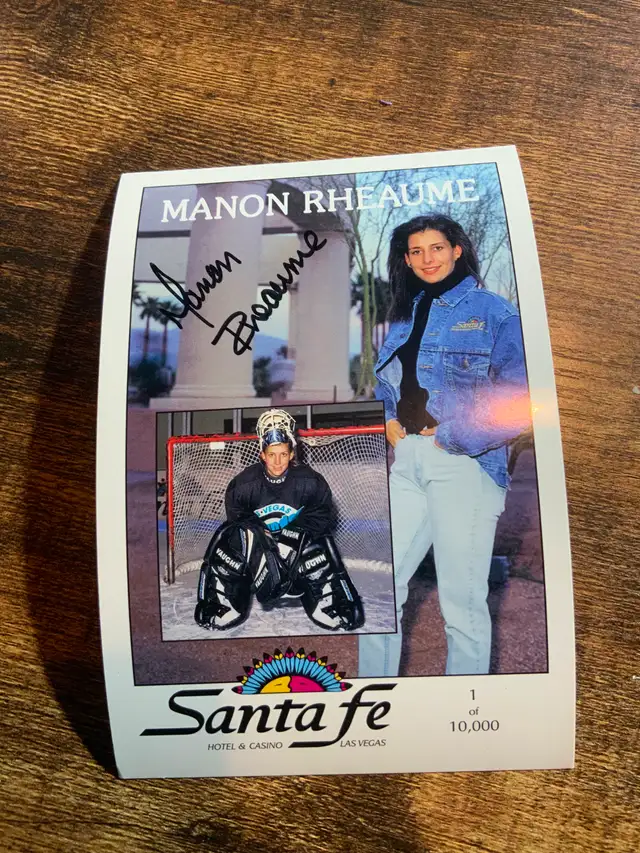 Manon Rhéaume autographed card. Las Vegas hotel promo.