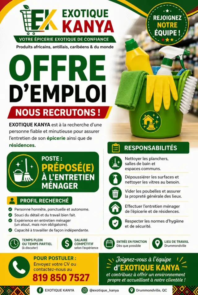 Offre d'emploi : Entretien ménager