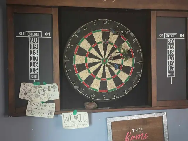 dart board with cabinet and darts $120 OBO