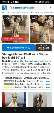 Vintage Beautiful Marwal Chalkware Cherub Pair Statue - Photo 10