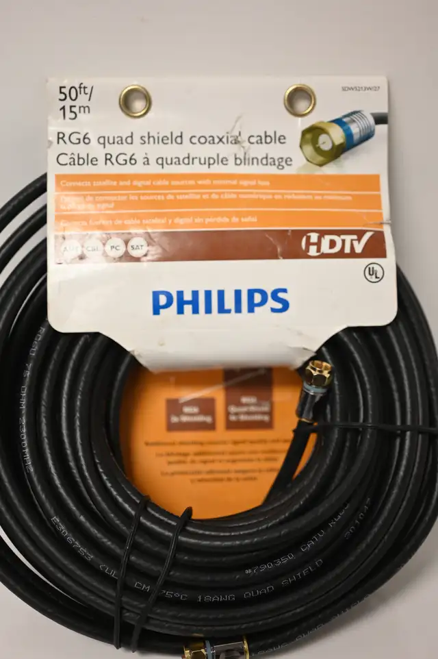 RG6 Quad shield coaxial cable 50ft F-type connector Brand New