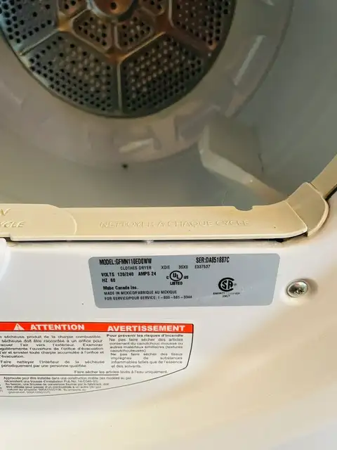 GE Dryer model number GFMN110EDOWW