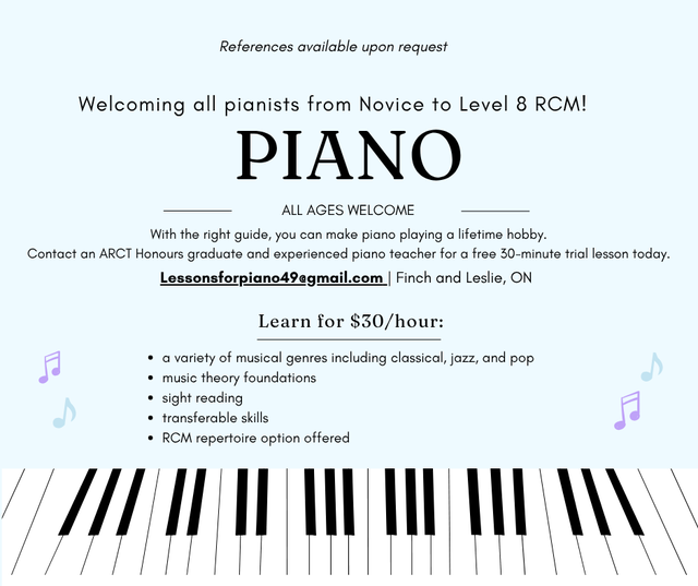 Piano Lessons $30/hr - North York