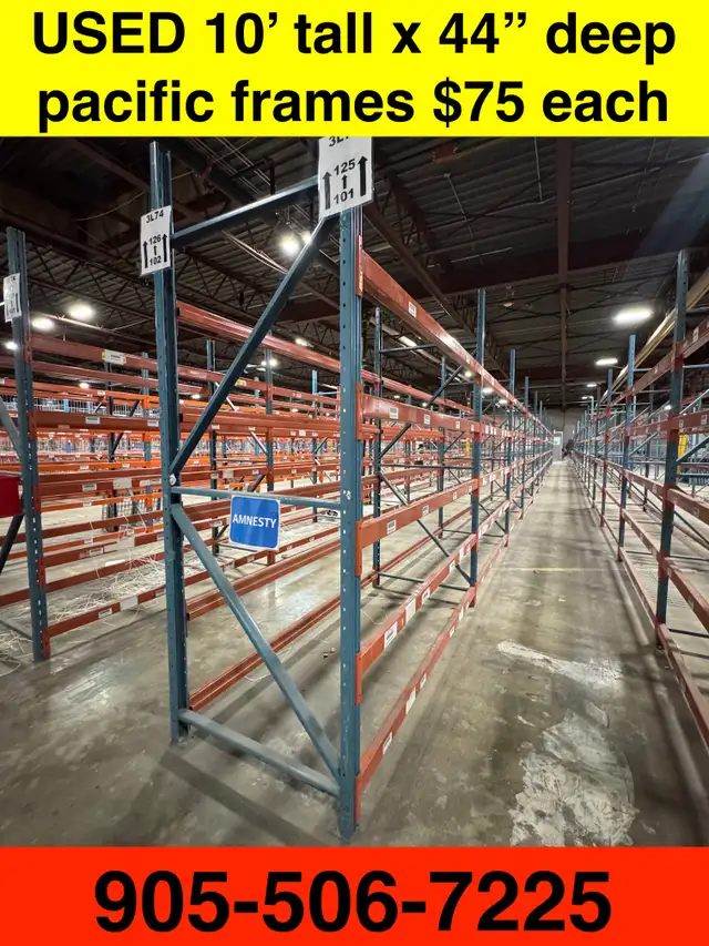 Used rack frames 10' tall $75 each, 8'  beams $20, wire mesh $18