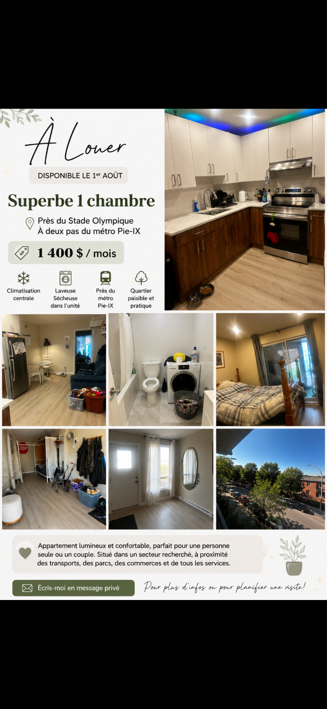 4 1/2 apartment for Rent, 10 min walk from Metro Pie IX