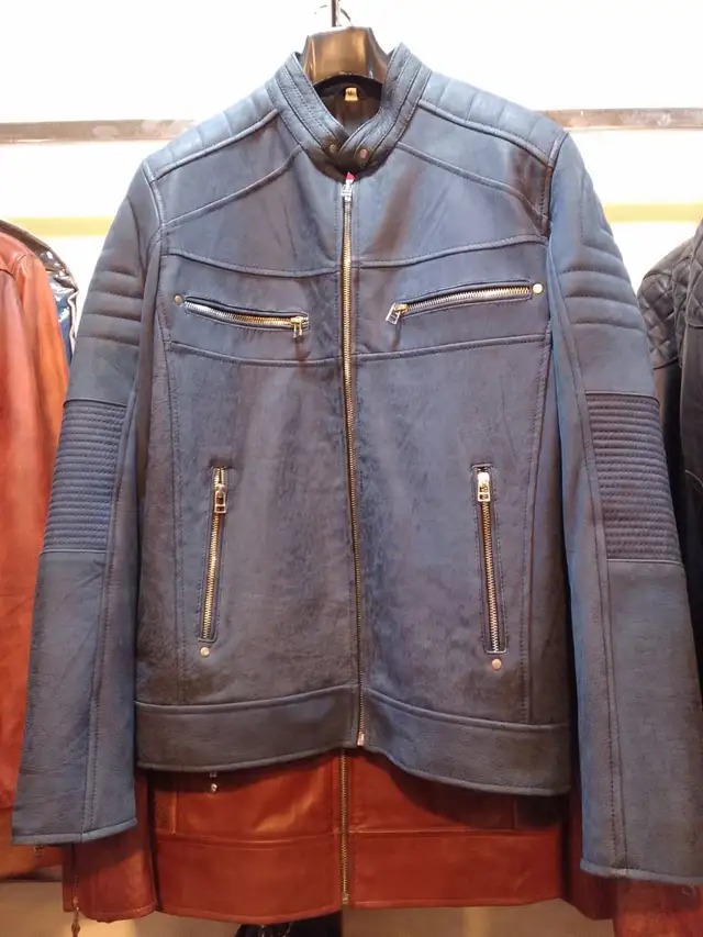 Men's Real Leather Jacket Blue Motorcycle Racer Biker Jacket