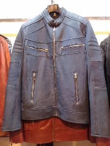 Men's Real Leather Jacket Blue Motorcycle Racer Biker Jacket
