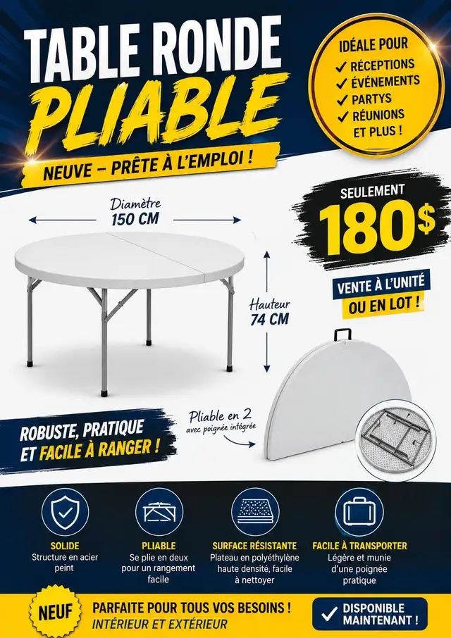 Table rond pliable 60pouce - (8-10pers)