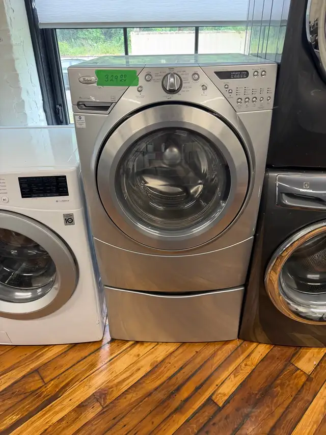 Whirlpool duet grey washer on pedestal