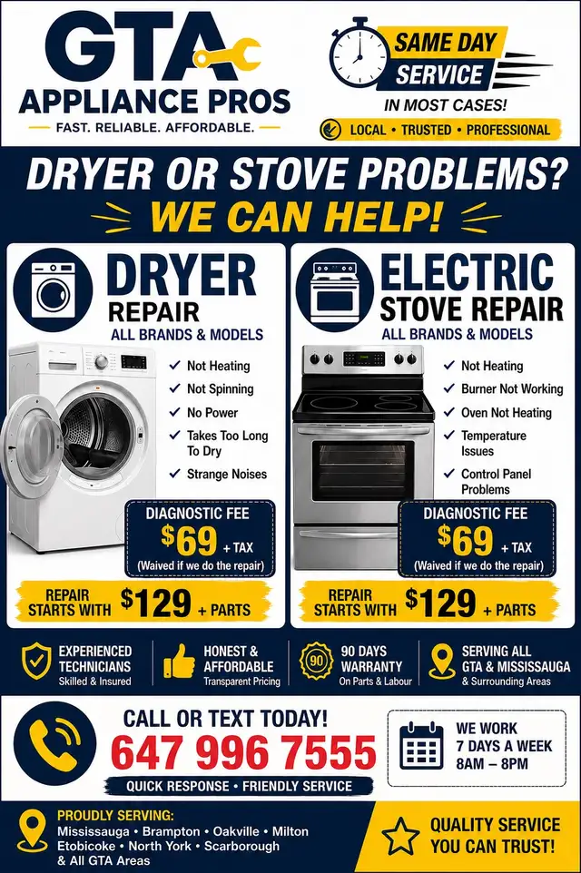 GTA Appliance Pros - ELECTRIC STOVE / DRYER