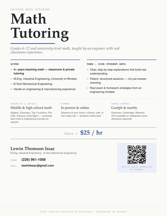 Private Math Tutoring — Grades 6-12 & University Level