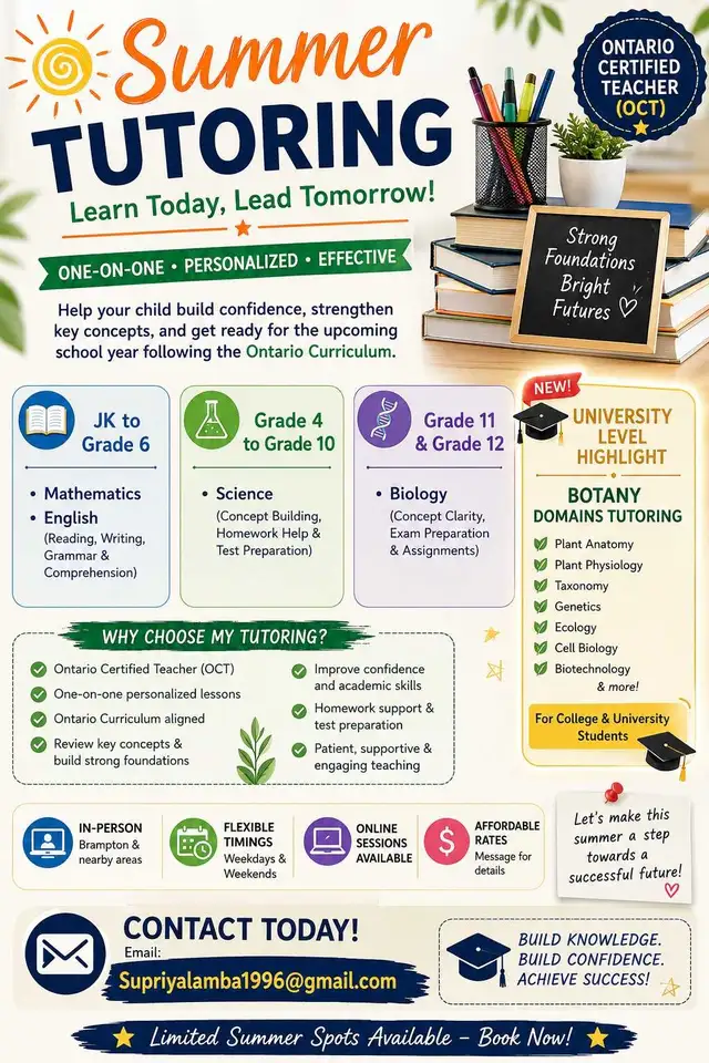 Female certified teacher|Summer Tutoring | JK–Unive