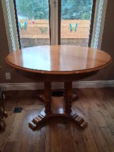 Solid Maple Pedestal Dining Table with Two Captain Chairs
