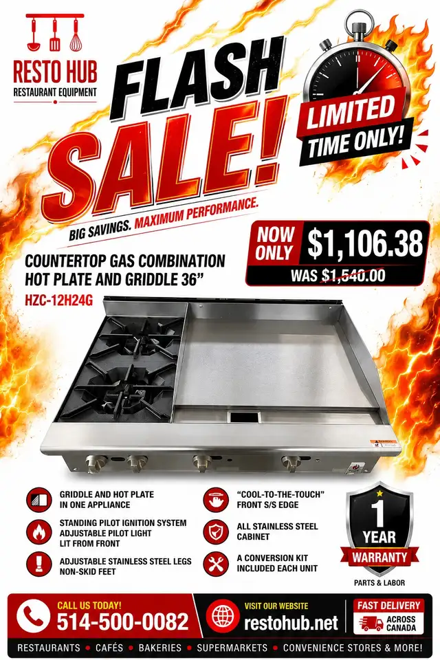 Hot Zone Countertop Gas Combination Hot Plate and griddle 36